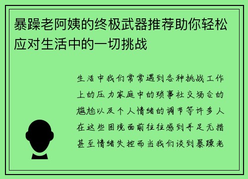 暴躁老阿姨的终极武器推荐助你轻松应对生活中的一切挑战